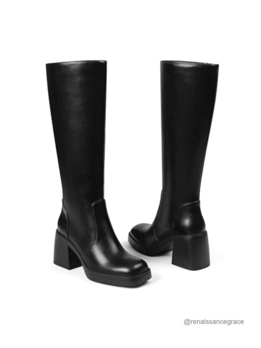 Faux Leather Square Toe Knee High Platform Boots